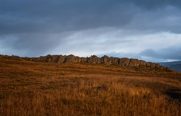 Fototapeta na wymiar View on rocks from south road 60 of Iceland. September 2019