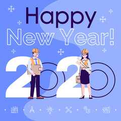 Profession social media post mockup. Happy new year 2020 phrase. Web banner design template. Engineers with blueprints booster, content layout with inscription. Poster, print ads and flat illustration