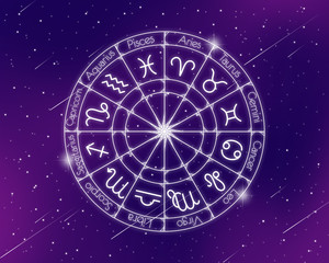  Circle consisting of zodiac signs on a background of the cosmic sky