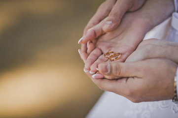 The husband gently embraces the hands of the bride with wedding rings