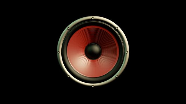 Audio speaker with red membrane vibrating while playing seamlessly looped modern music at 90bpm frequency. Isolated close up front view against black background. Rock or dance party music idea concept