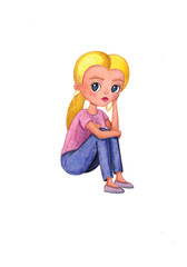 Watercolor cute character girl teenager blonde with a tail, with earrings in her ears, in a pink T-shirt with a star, blue jeans and pink ballet shoes is sitting thoughtfully