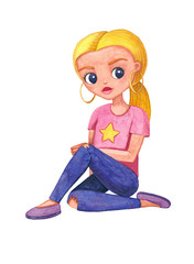 Watercolor cute character teenage girl blonde with a tail, with ear rings in ears, in a pink T-shirt with a star, blue jeans and pink ballet shoes sits with legs crossed.