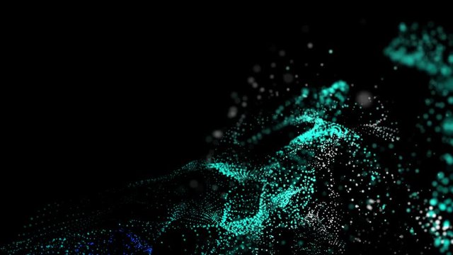turquoise blue particles fly slowly on a black background. Abstract animated background. 3d render