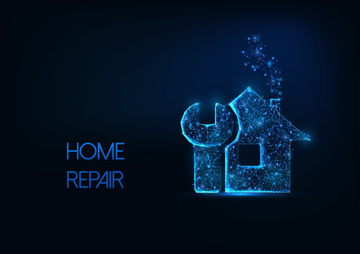 Futuristic home repair concept with glowing low polygonal house and wrench on dark blue background.