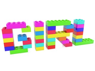 Girl concept from colorful toy bricks to white