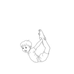 Kids Yoga - Joga für Kinder, Asana Bogen, horizontal Banner Design Concept Cartoon. Junge barfuß in Yoga Haltung, macht fröhliches Gesicht. Yogi Logo auf Hintergrund in weiß.