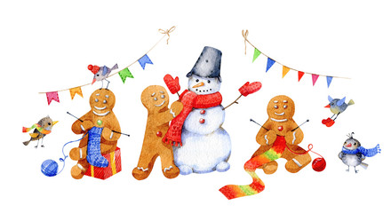 Funny gingerbread men knit a scarf and mittens for a snowman. Christmas birds are warmed with knitted accessories. Christmas watercolor illustration