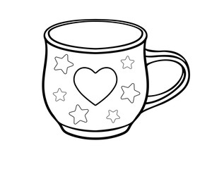 Small Cup with a picture of a heart and cute stars - coloring book - vector linear drawing for coloring. Cup - Valentine. Outline