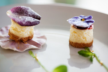 Close up of two cheese cake cups with flowers on top 