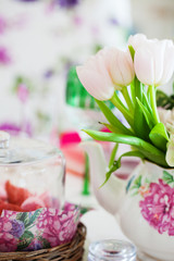 Beautiful table decoration with white tulips