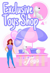 Exclusive toys shop poster vector template. Woman selling playthings. Plush animals. Brochure, cover, booklet page concept design with flat illustration. Advertising flyer, leaflet, banner layout idea