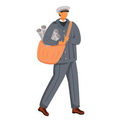 Post office male worker flat color vector illustration. Vintage dressed employee. Traditional post service unifrom. Paperboy with newspapers isolated cartoon character on white background