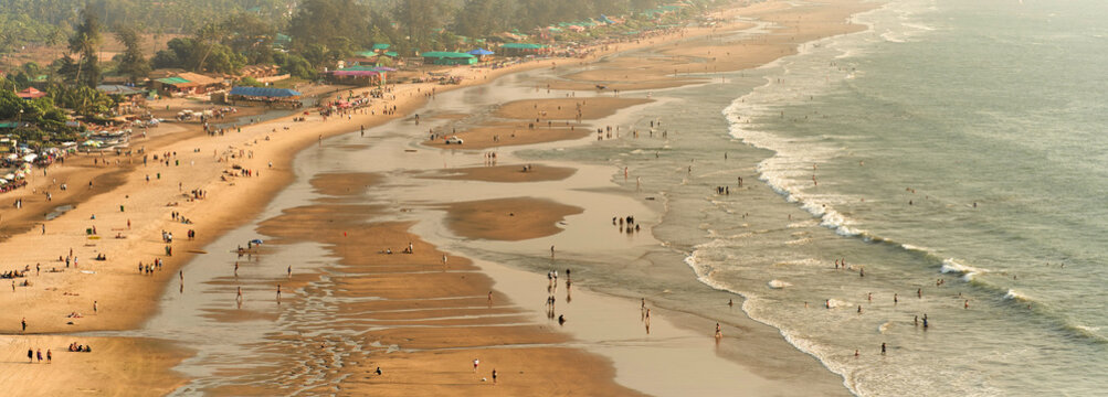 Beauty Arambol beach aerial view landscape, Goa state in India. View from Mount Arambol