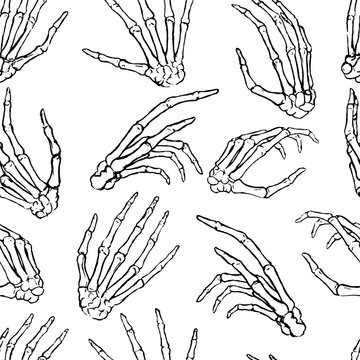 Hand drawn vector seamless pattern. Human bone hands in different gestures. Black contour anatomical sketches isolated on white. Engraving style background. For design print, wallpapers, wrap, fabric.