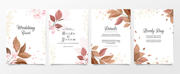 Fototapeta na wymiar Romantic wedding invitation card template set with leaves decoration. Botanic illustration for background, save the date, invitation, greeting card, poster vector