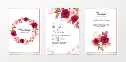 Wedding invitation card template set with flowers wreath and bouquet decoration. Roses and leaves botanic illustration for background, save the date, invitation, greeting card, poster vector