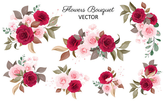 Set of floral bouquet. Floral decoration illustration of red and peach roses flowers, leaves, branches. Botanic elements for wedding or greeting card design vector