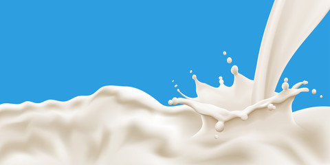 Splashing and flowing milk wave on blue background. Vector illustration for poster, brochure, label and product ad desing - obrazy, fototapety, plakaty