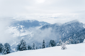 Fototapeta na wymiar Winter landscape with snowy forest and foggy mountains in Schmittenhohe, Zell am See, Austrian Alps