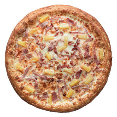 Hot fresh baked Italian pizza isolated on white background. Top view, flat lay