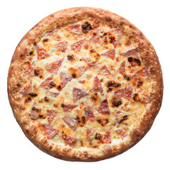 Hot fresh baked Italian pizza isolated on white background. Top view, flat lay