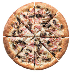 Hot fresh baked Italian pizza isolated on white background. Top view, flat lay