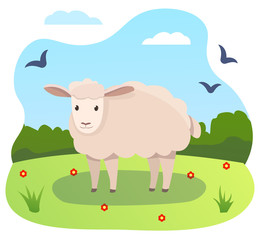 Vector illustrations of sheep in cartoon style with the nature background with forest, sky, birds and flowers.