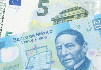 A twenty Mexican peso bill, shot in macro with a five euro bank note from the European Union