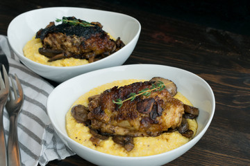 Braised Chicken Thighs with Mushrooms and Creamy Polenta