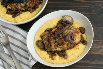 Braised Chicken Thighs with Mushrooms and Creamy Polenta