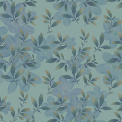 Watercolor leaves on a blue background design. Seamless botanic pattern. Decorative ornament. Watercolor pattern of leaves.