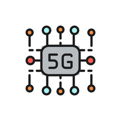 5G internet technology, wireless chip flat color line icon.