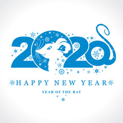 Beautiful New Year card with blue frost 2020 Rat. Charming white mouse and snowflakes. Vector element for New Year's design. 