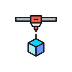 3d printing a cube, industrial printer, industrial laser flat color line icon.