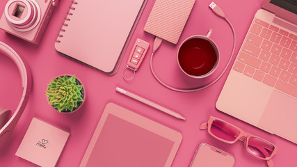 Pink office desk table with blank notebook. - obrazy, fototapety, plakaty