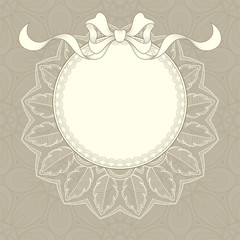 Vintage background with lace frame and ribbon for greeting card, invitation or announcement