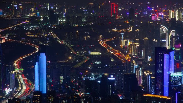 Timelapse Shenzhen cityscape with coloured buildings zoom out