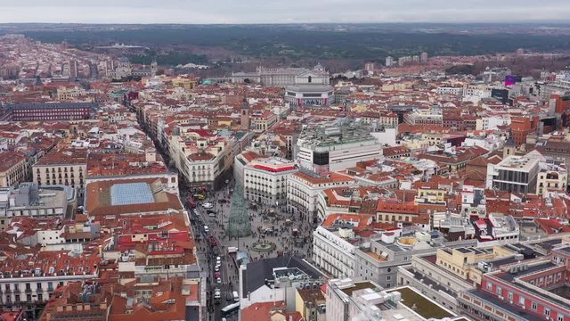 Madrid Puerta del Sol public square aerial shot during winter Spain 