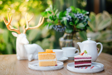 Hot tea in the morning with cakes