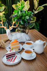 Hot tea in the morning with cakes