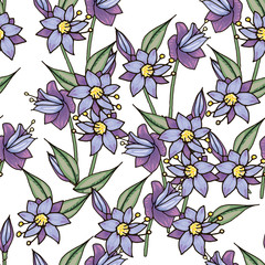 seamless pattern with different flowers in doodle style