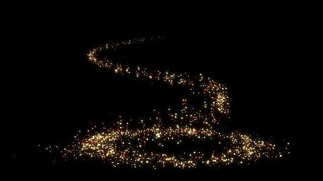 Animation of gold glitter light trail spiral with magic swirl path on black background