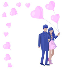 delicate illustration in the style of cardboard. Couple on a walk celebrates Valentine's Day
