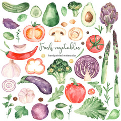Watercolor clipart with fresh vegetables and herbs