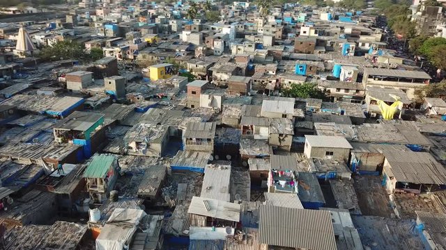 Indian Ghetto Dharavi Slum, Mumbai. Aerial View of Dense Residental Complex With Poor Hygiene and Sewage System
