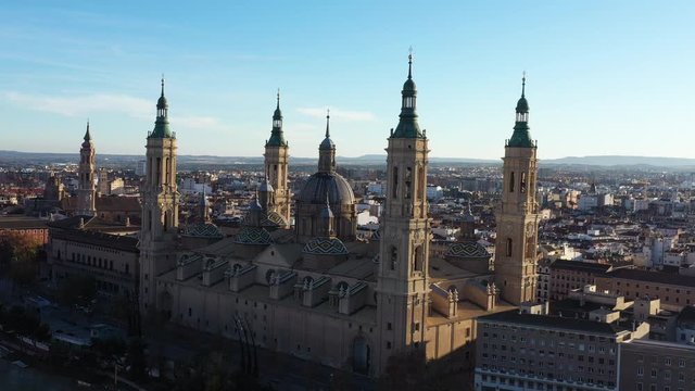 Catedral-Bas&iacute;lica de Nuestra Se&ntilde;ora del Pilar sunset aerial Roman Catholic church Zaragoza Aragon Spain