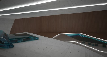 Abstract architectural concrete, wood and glass interior of a minimalist house with swimming pool and neon lighting. 3D illustration and rendering.