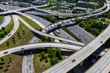 Aerial view of Interstate 85 and Interstate 20 interchange ramps and bridges in Atlanta Georgia.  