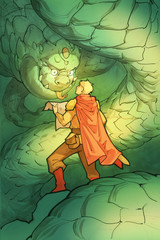 Original fantasy hand drawn illustration of a brave adventurer with a map in his hands confronting snake like giant green dragon